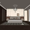 Elegant Bedroom Interior Design With White Bed Wooden Furniture Pendant Lamp And Black White Rug