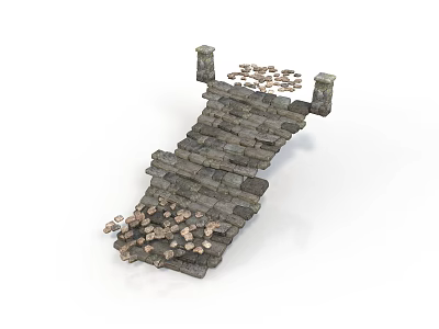 Ancient Stone Arch Bridge With Stone Pillars And Scattered Pebbles 3d model