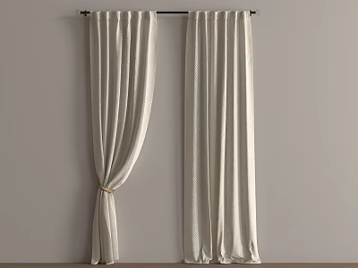 Beige Soft Fabric Curtains Hanging On Curtain Rod Against Gray Wall With Tied Knot 3d model