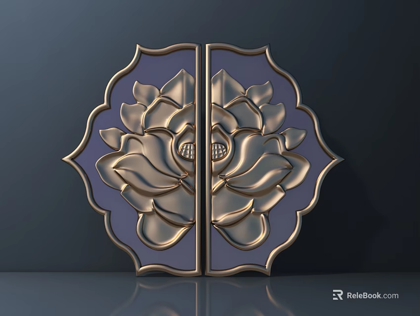 Lotus Shaped Door Handle With Golden Petals Blue Background And Gold Edge Decoration 3d model 