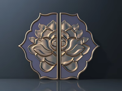 Lotus Shaped Door Handle With Golden Petals Blue Background And Gold Edge Decoration 3d model