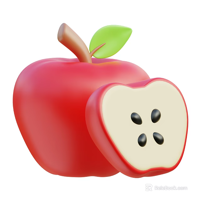 Fresh Red Apple with Sliced Piece Showing Seeds and Green Leaf 3d model 