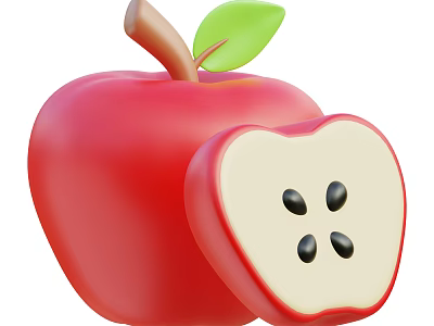 Fresh Red Apple with Sliced Piece Showing Seeds and Green Leaf 3d model