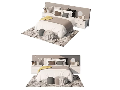 Modern Double Bed With White Brown Bedding Pillows Bedside Tables And Decorative Rug 3d model