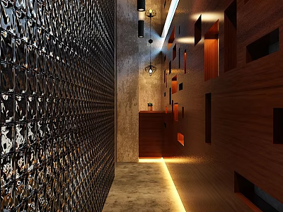Modern Elevator Hallway With Decorative Metal Screens Wooden Panels And Warm Lighting 3d model