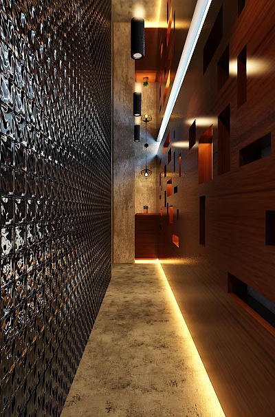 Modern aisle walkway staircase glass wall mirror log 3d model Modern aisle walkway staircase glass wall mirror log 3d model