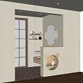 Modern Bathroom Interior With Wooden Lattice Door Flower Shaped Mirror And Wall Shelves