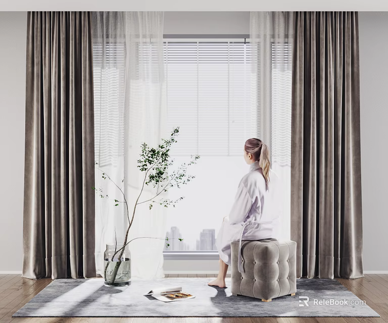 Elegant Velvet Curtains with Sheer Panels by Window and Cozy Pouf Setup 3d model 