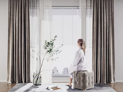 Elegant Velvet Curtains with Sheer Panels by Window and Cozy Pouf Setup 3d model