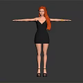 Red Haired Woman in Black Dress with High Heels Arms Outstretched Against Gray Background