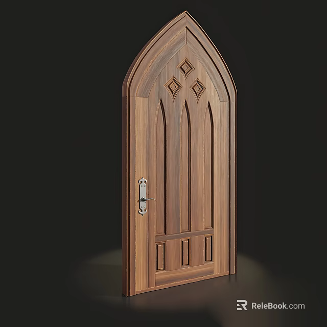Gothic Style Wooden Door With Arched Top Diamond Pattern And Metal Handle 3d model 