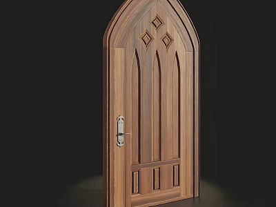 Gothic Style Wooden Door With Arched Top Diamond Pattern And Metal Handle 3d model