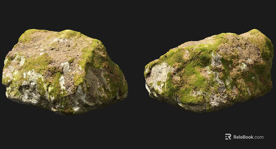 Natural Moss Covered Stones And Wooden Elements Against Black Background 3d model 