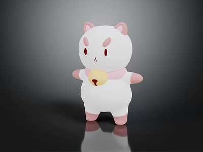 Cute White Cartoon Figure With Pink Ears Cheeks Arms Feet And Yellow Bell Red Heart 3d model