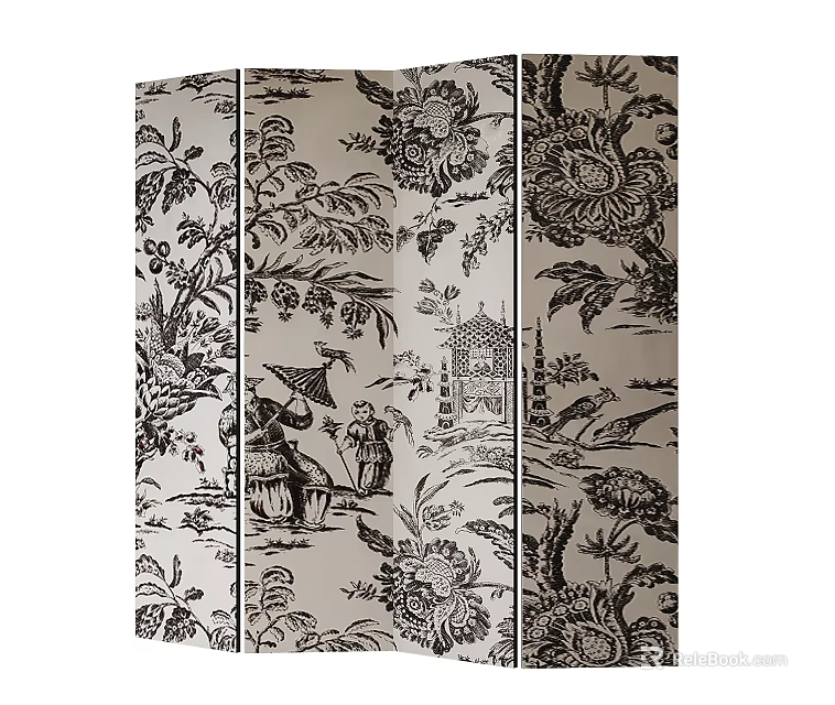 Traditional Chinese Folding Screen with Black and White Floral Patterns Figural Scenes and Pavilion Design 3d model 
