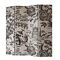 Traditional Chinese Folding Screen with Black and White Floral Patterns Figural Scenes and Pavilion Design