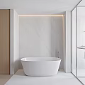Elegant Modern Bathroom Interior with Marble Walls Bathtub Glass Shower and Double Sinks