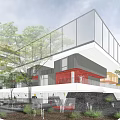 Modern School Building With Multi Level Walkways Yellow Staircases Green Plants And Active Students