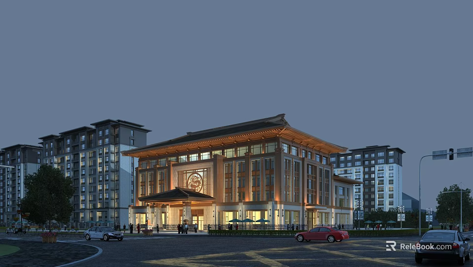 Grand Chinese Style Hotel Building With Traditional Roof And Evening Lighting Against Modern High Rises 3d model 