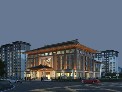 Grand Chinese Style Hotel Building With Traditional Roof And Evening Lighting Against Modern High Rises 3d model