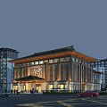 Grand Chinese Style Hotel Building With Traditional Roof And Evening Lighting Against Modern High Rises