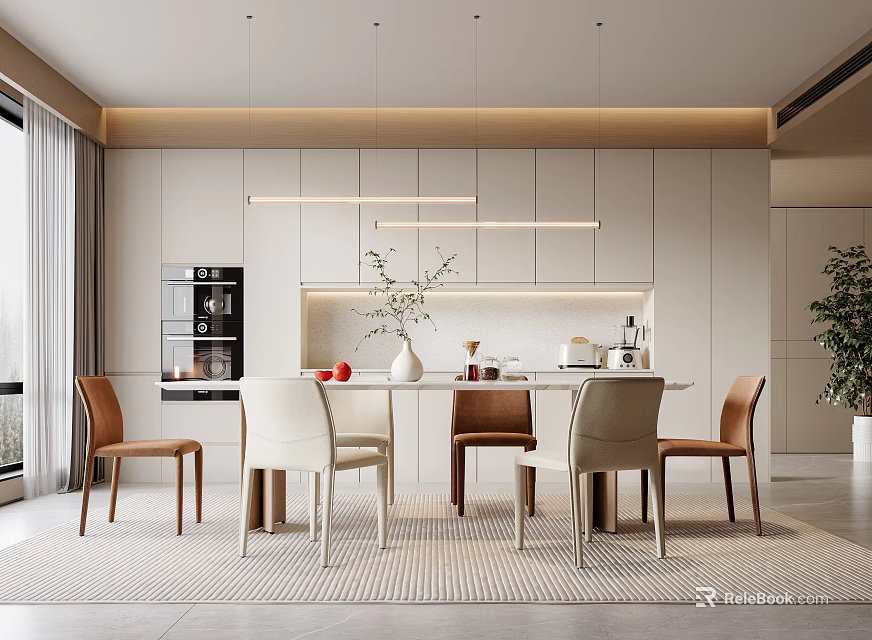 Modern Restaurant Interior Design With Dining Table Chairs Pendant Lights And Cabinets 3d model 