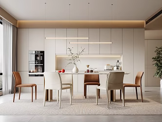 Modern Dining Room Dining Table and Chair Combination Chandelier Sideboard Cabinet Electrical Cabinet Green Plant 3d model