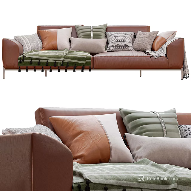 Modern Brown Leather Two-seater Sofa With Multiple Colored Pillows And Soft Throw Blanket 3d model