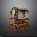 Vintage Covered Wagon Featuring Bull Skull Design Red Blue Trim Wooden Wheels And Steps