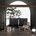 Wooden Leisure Chair in Stylish Indoor Space with Arched Window Small Tree and Stacked Towels