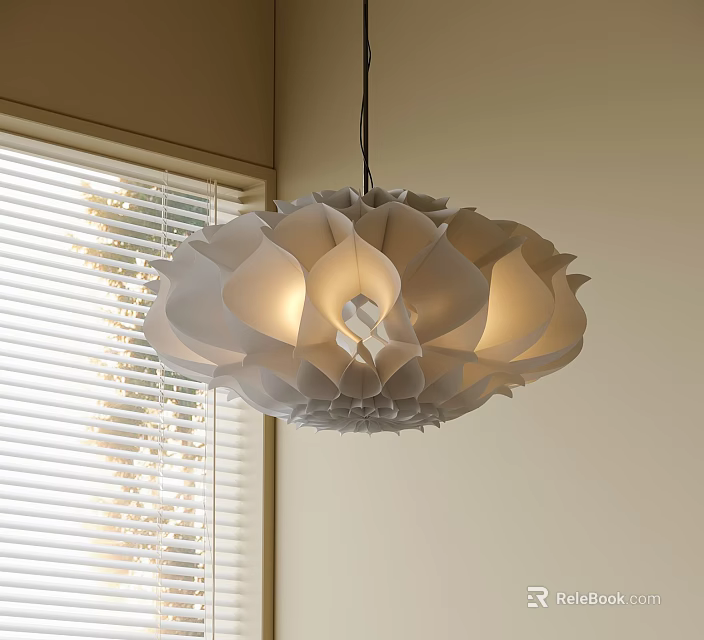 White Petal Shaped Chandelier Hanging Near Window With Blinds And Soft Light Illumination 3d model 