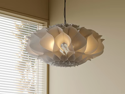 White Petal Shaped Chandelier Hanging Near Window With Blinds And Soft Light Illumination 3d model