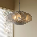 White Petal Shaped Chandelier Hanging Near Window With Blinds And Soft Light Illumination