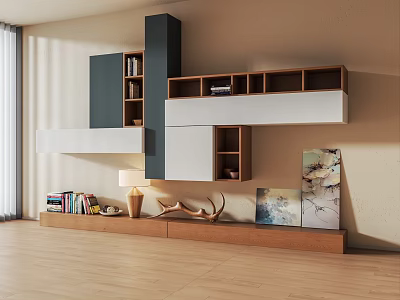Modern TV Stand with Multiple Shelves Books Decorative Items and Wall Artworks on Wooden Floor 3d model