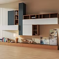 Modern TV Stand with Multiple Shelves Books Decorative Items and Wall Artworks on Wooden Floor