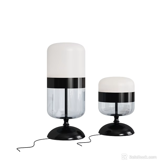 Modern Table Lamps With White Shade Black Band And Transparent Glass Base In Two Sizes 3d model 