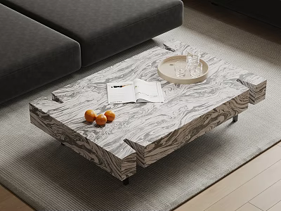 Marble Texture Coffee Table With Oranges Magazine Tray Glass And Grey Sofa 3d model