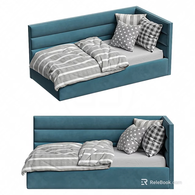 Blue Upholstered Kids Bed With Soft Headboard And Striped Bedding Plus Polka Dot Pillows 3d model 
