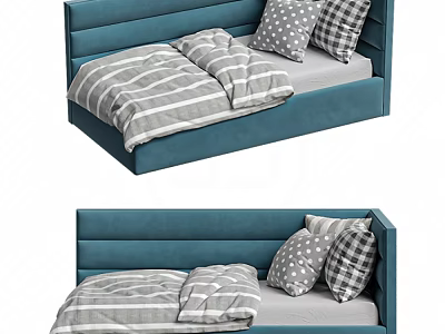 Blue Upholstered Kids Bed With Soft Headboard And Striped Bedding Plus Polka Dot Pillows 3d model