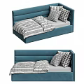 Blue Upholstered Kids Bed With Soft Headboard And Striped Bedding Plus Polka Dot Pillows