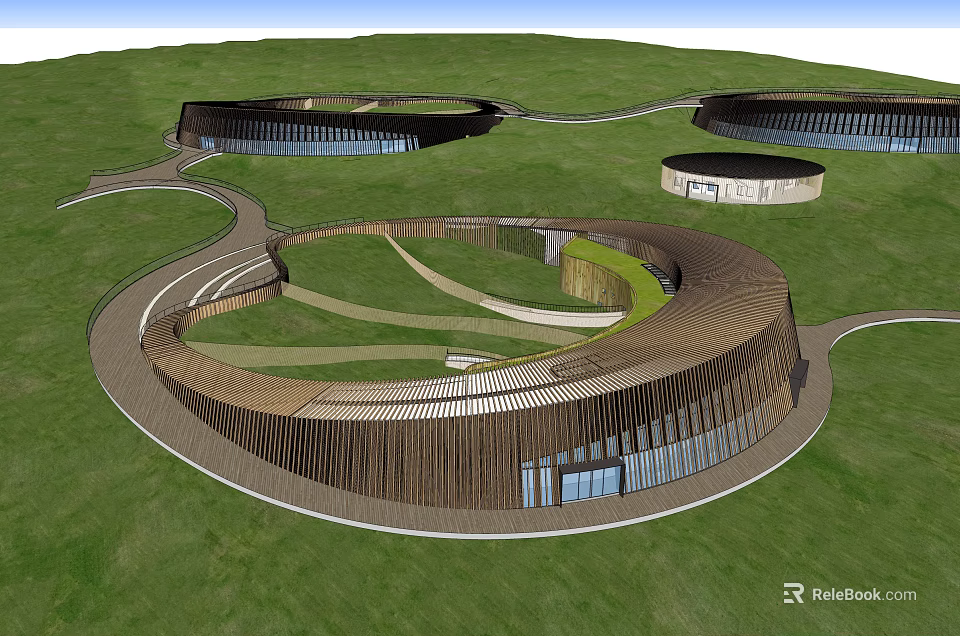 Modern Circular Buildings With Wooden Exterior On Green Grassland And Curved Paths 3d model 