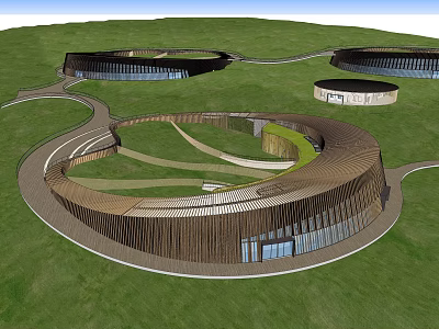 Modern Circular Buildings With Wooden Exterior On Green Grassland And Curved Paths 3d model
