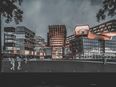 Modern Office Complex With Glass Curtain Walls Geometric Architectural Design Illuminated Night View And Pedestrians 3d model