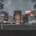 Modern Office Complex With Glass Curtain Walls Geometric Architectural Design Illuminated Night View And Pedestrians