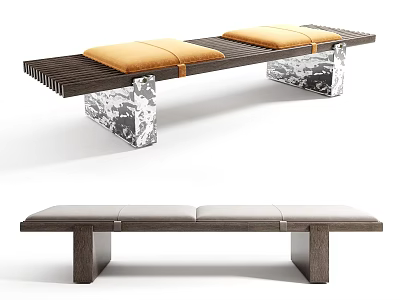 Modern Wooden Bench With Yellow And Gray Cushions And Unique Leg Design 3d model