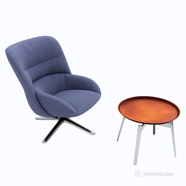 Blue Fabric Armchair With Round Wooden Top Side Table And Metal Legs 3d model 