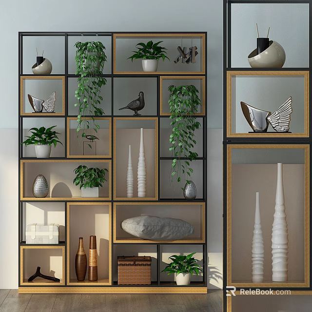 Modern Multi Tiered Plant Shelf With Green Plants And Decorative Ornaments 3d model 