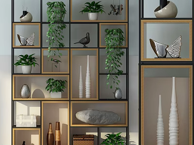 Modern Multi Tiered Plant Shelf With Green Plants And Decorative Ornaments 3d model