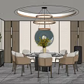 Private Dining Box Modern Interior Featuring Circular Chandelier Blue Decorative Plate And Dining Table 3d model