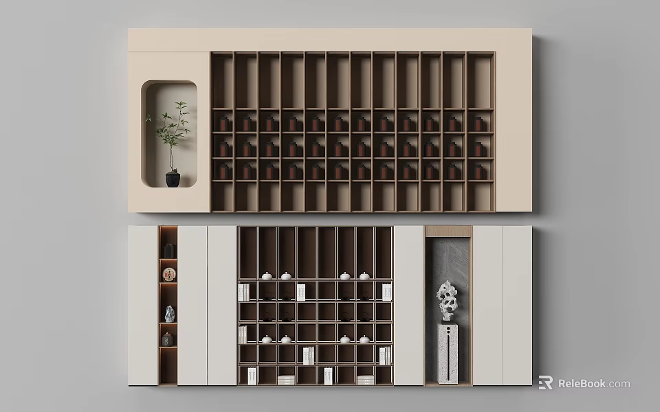 Modern Background Wall Design With Multiple Display Shelves Books Decorative Ornaments And Small Plant 3d model 